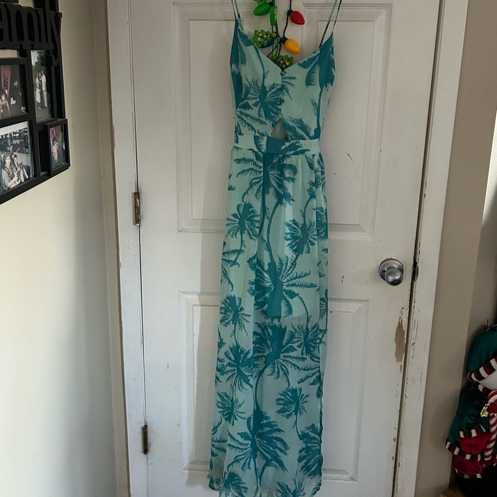 Sheer, strappy long dress. Teal with palm trees